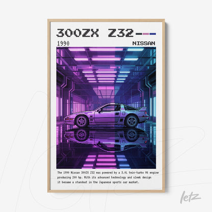 quadro com arte digital do carro Nissan 300ZX Z32 em moldura de madeira clara, fundo em tons vibrantes de roxo e azul