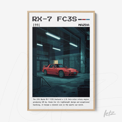 quadro com arte digital do carro Mazda RX-7 FC3S de 1991 em moldura simples