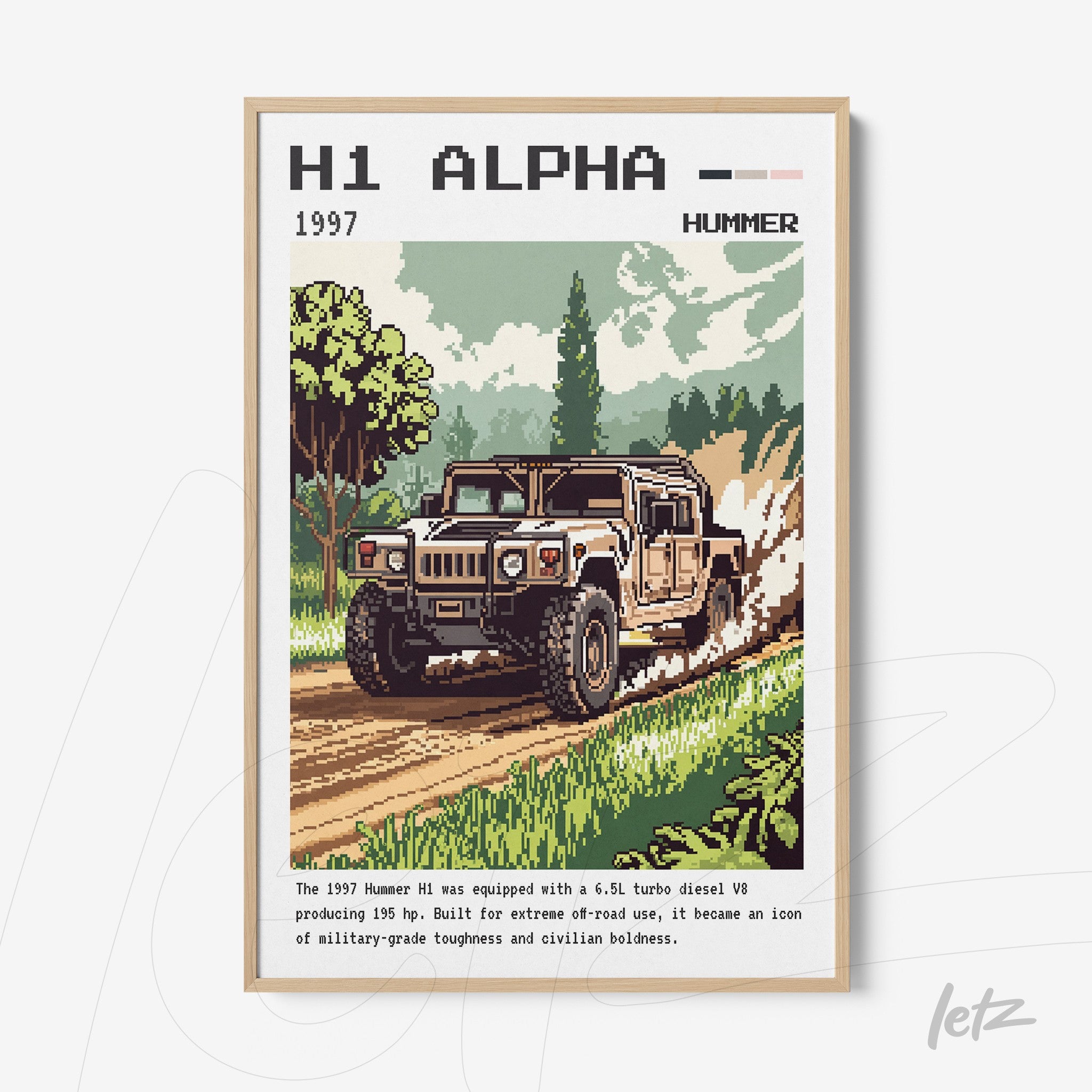 quadro com arte pixelada do Hummer H1 de 1997 em uma trilha florestal com moldura clara
