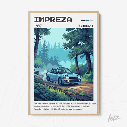 quadro emoldurado com arte digital pixelada de um Subaru Impreza 1997 em um cenário de floresta