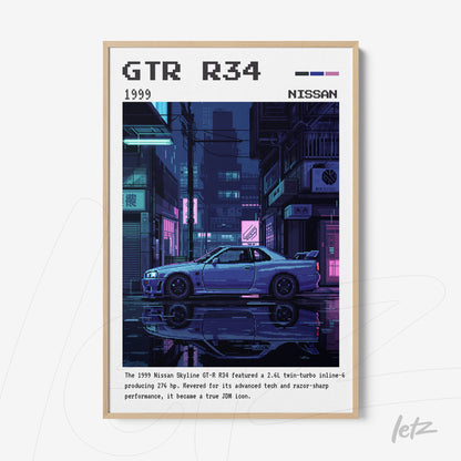 quadro com arte digital do carro Nissan GTR R34 em estilo pixel art em moldura de madeira clara
