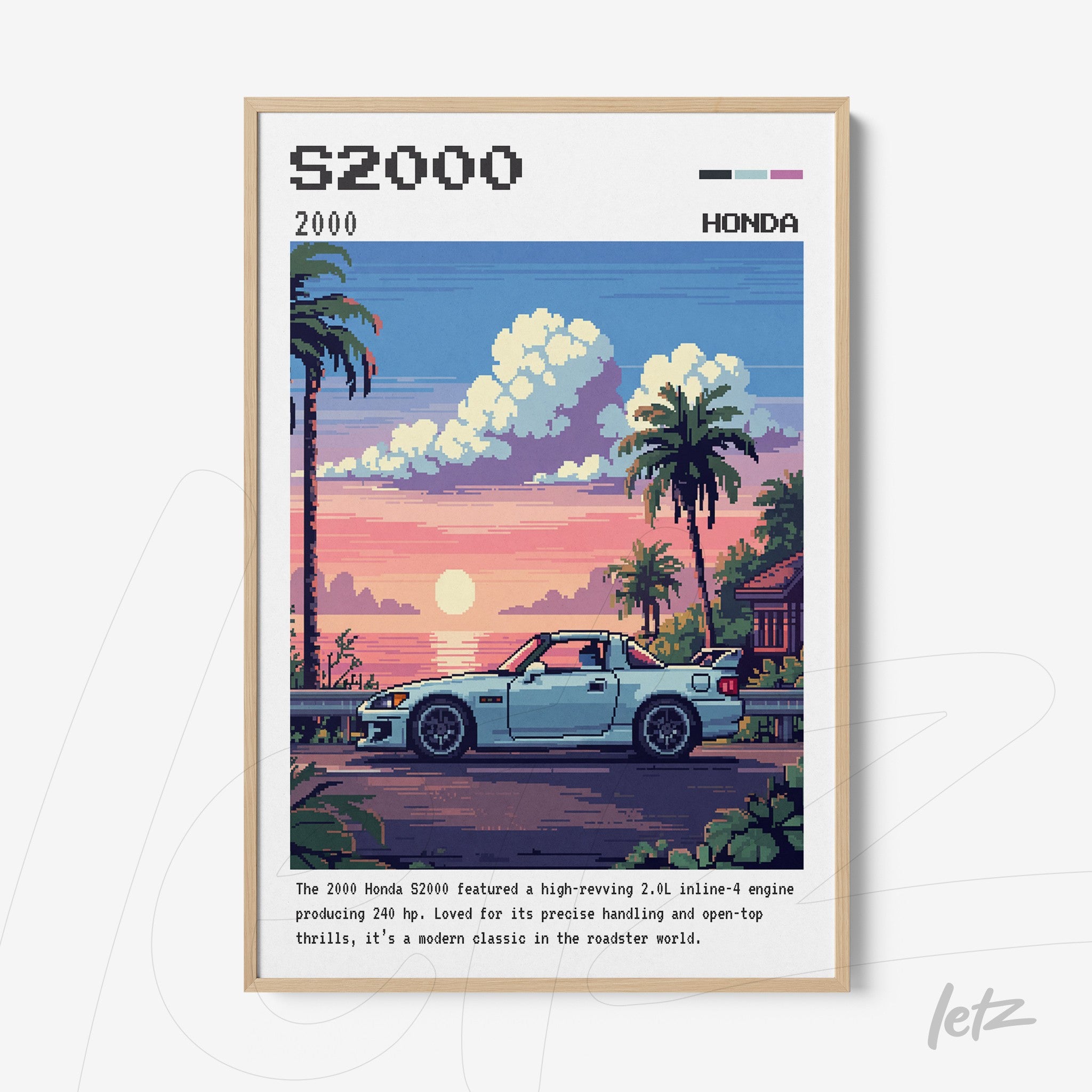 quadro em estilo pixel art com a imagem de um carro esportivo Honda S2000 em frente a uma paisagem com palmeiras e pôr do sol colorido, moldura de madeira clara