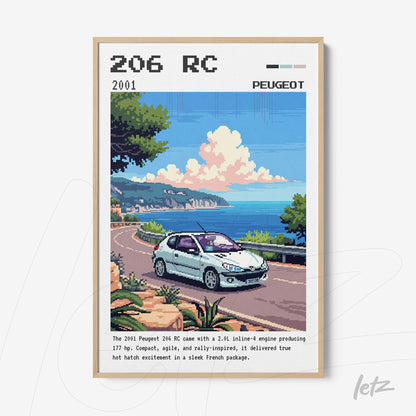 quadro com arte digital de um Peugeot 206 RC em uma estrada costeira com montanhas ao fundo e moldura clara