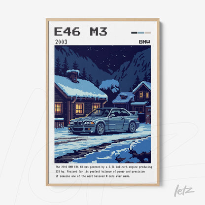 quadro com arte pixelada do carro BMW E46 M3 em uma paisagem de inverno com neve e chalés iluminados