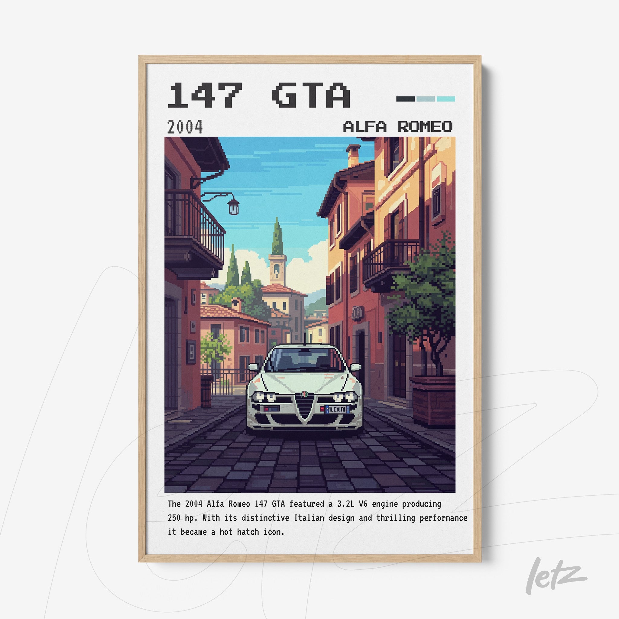 quadro com ilustração retrô de um carro Alfa Romeo 147 GTA em uma rua italiana, moldura de madeira clara