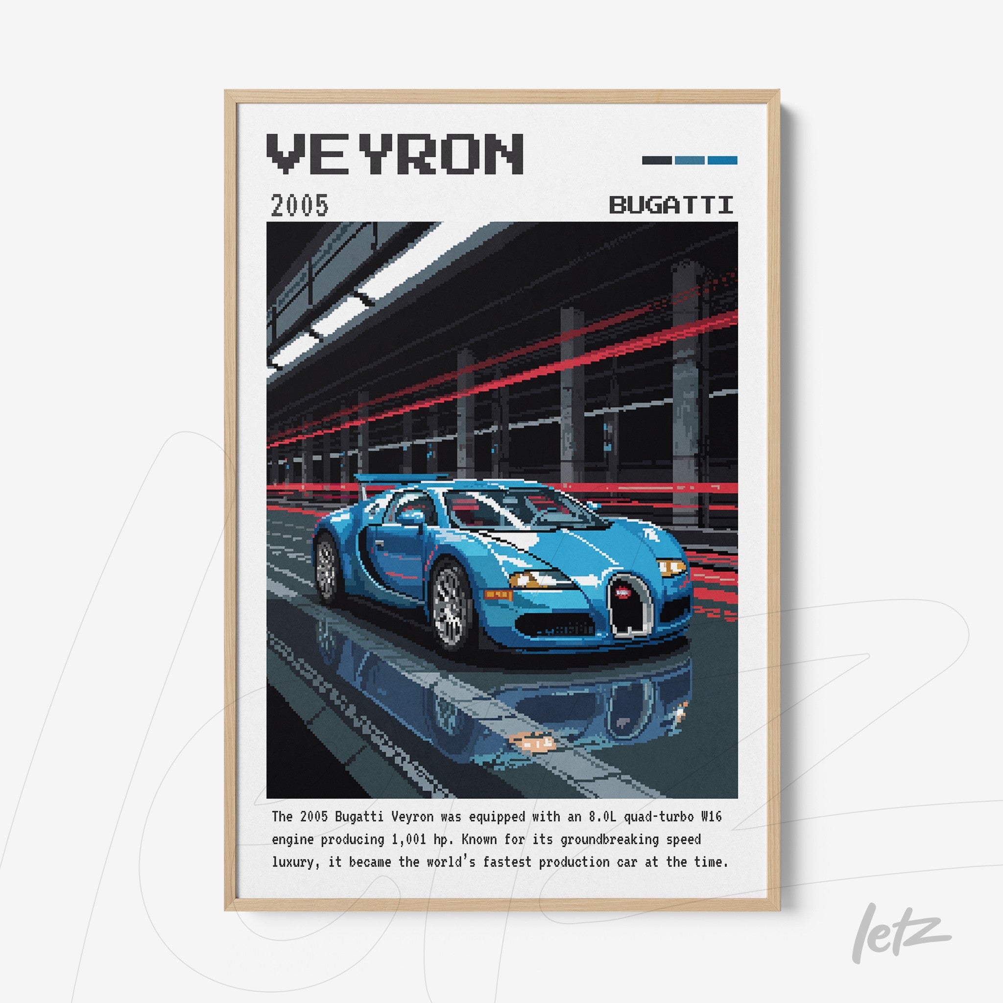 quadro com arte digital de um carro Bugatti Veyron em estrutura pixelada, exibido em moldura clara