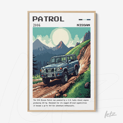 quadro emoldurado com arte pixelada do carro Nissan Patrol 2006 em uma estrada montanhosa