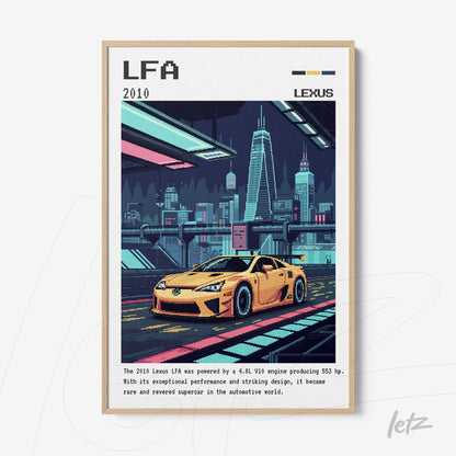 arte digital de carro esportivo Lexus LFA em moldura clara com fundo urbano noturno