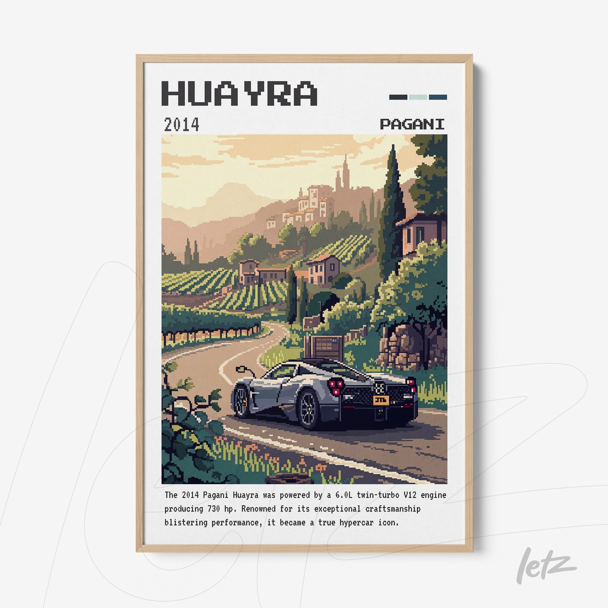 quadro com arte pixelada de um carro Pagani Huayra em uma paisagem bucólica com vinhedos ao fundo e estrutura em moldura clara