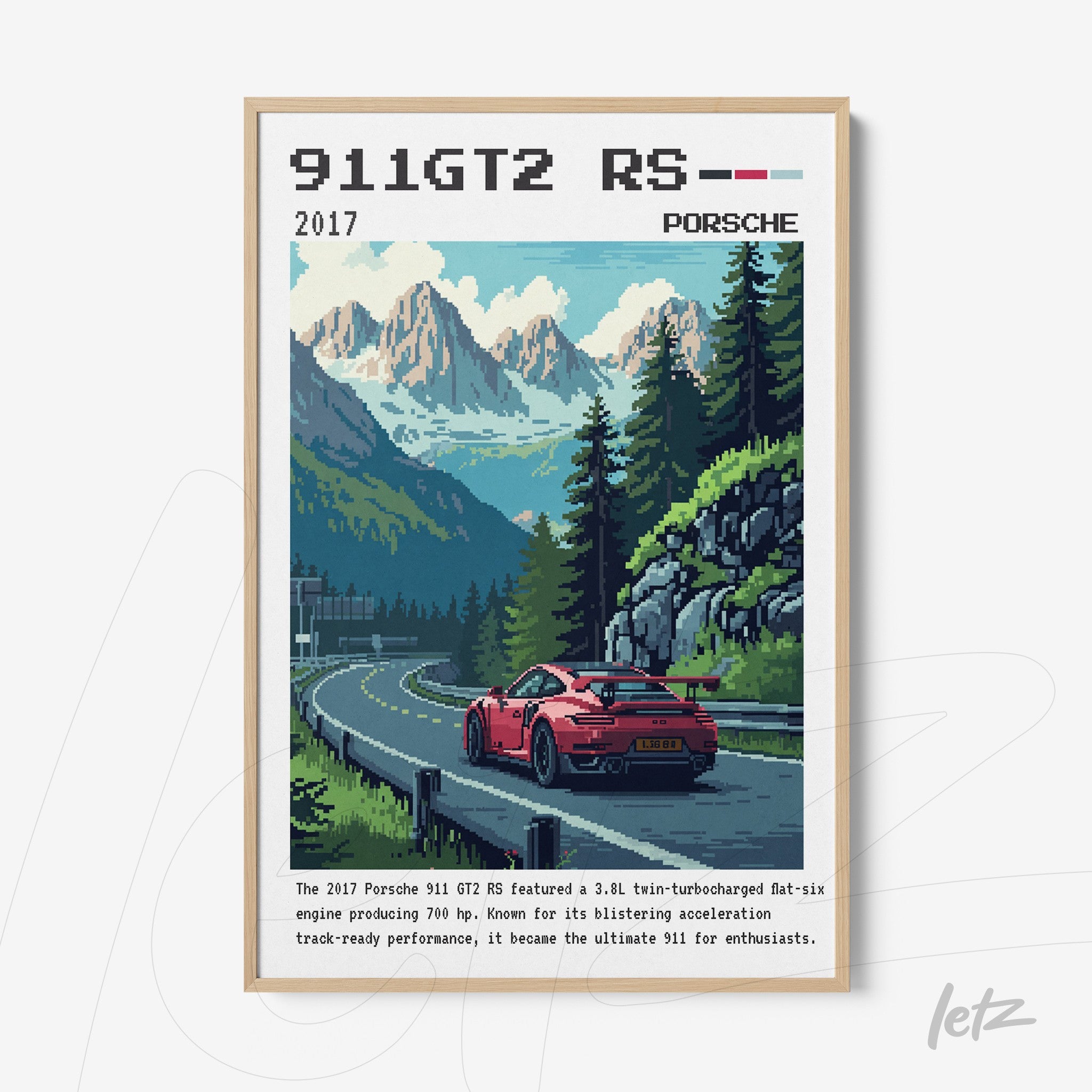 quadro com arte digital retrô do carro Porsche 911 GT2 RS em uma estrada montanhosa, moldura clara