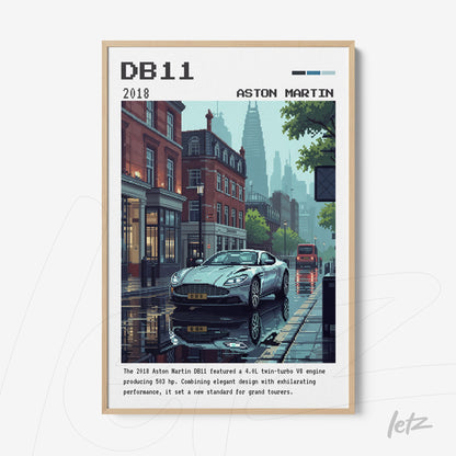 quadro com arte de um Aston Martin DB11 em estilo pixel art com moldura clara