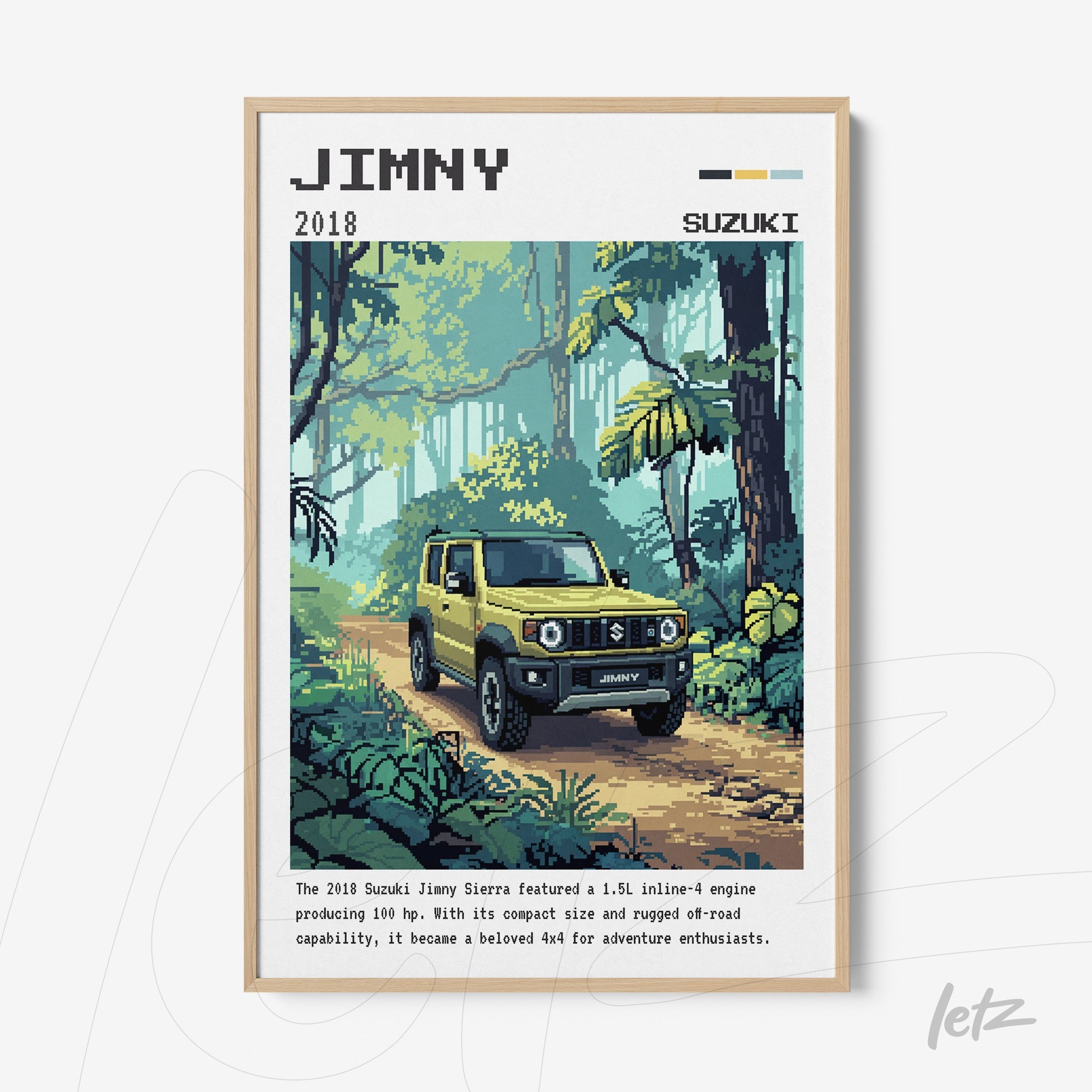quadro com ilustração pixelada do SUV Suzuki Jimny em uma estrada na floresta, com moldura de madeira clara