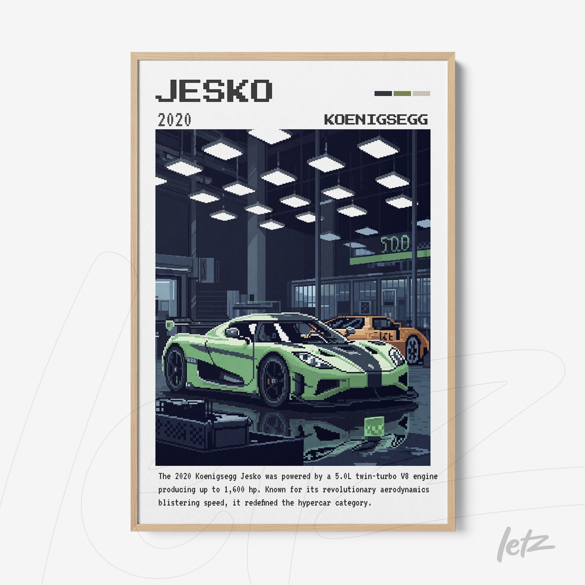 quadro com arte digital do carro Koenigsegg Jesko em um ambiente futurista, moldura clara