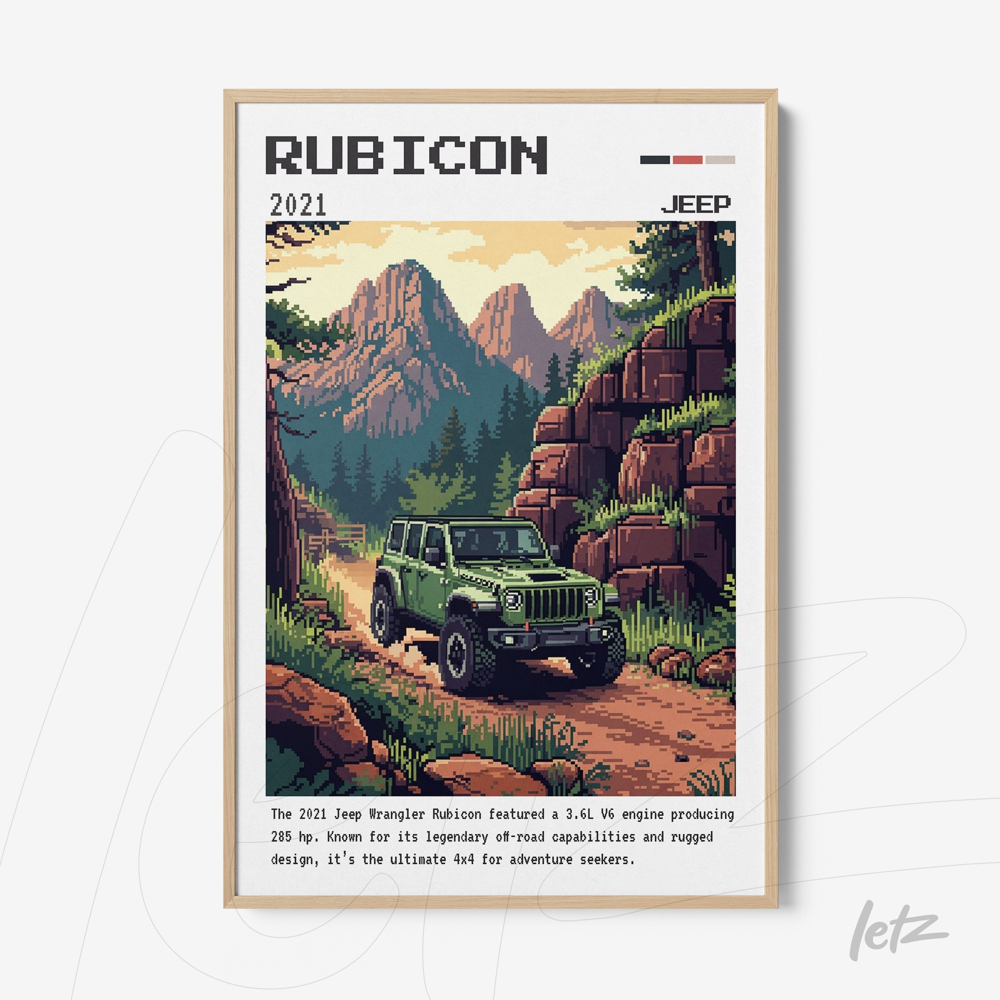 quadro com arte digital de um Jeep Wrangler Rubicon verde em uma trilha montanhosa, com moldura clara