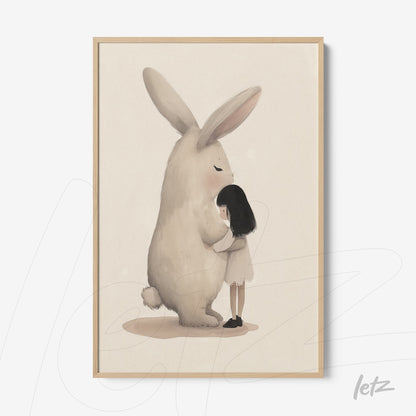quadro com ilustração suave de uma menina abraçando um coelho gigante em moldura clara
