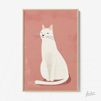 quadro com ilustração minimalista de um gato branco em fundo rosa, moldura de madeira clara