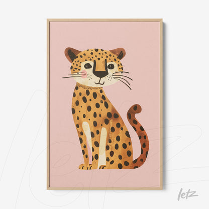 quadro com ilustração fofa de um leopardo sobre fundo pink em moldura clara