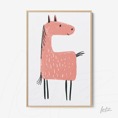 quadro com ilustração de cavalo rosa de traços simples em moldura clara