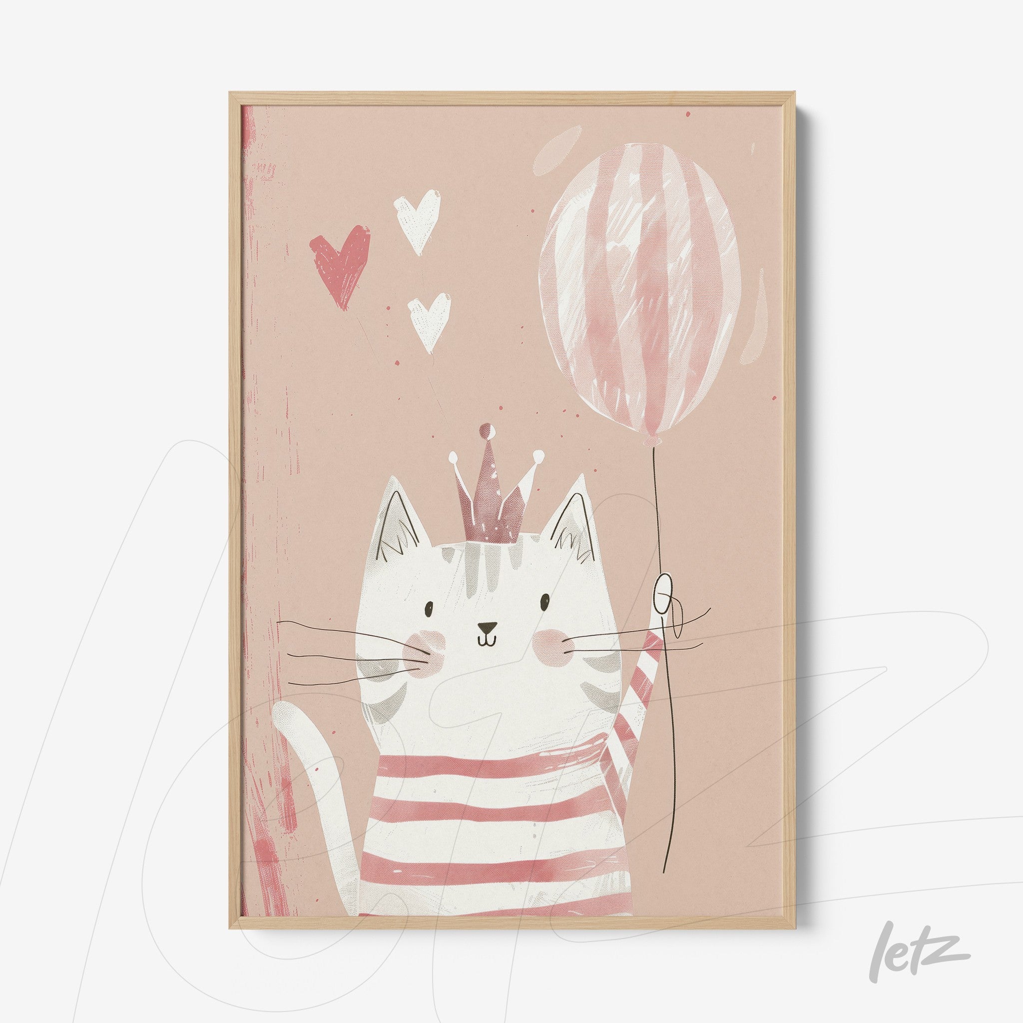 quadro com ilustração de um gato carismático com balão, usando uma coroa e listras rose em fundo claro