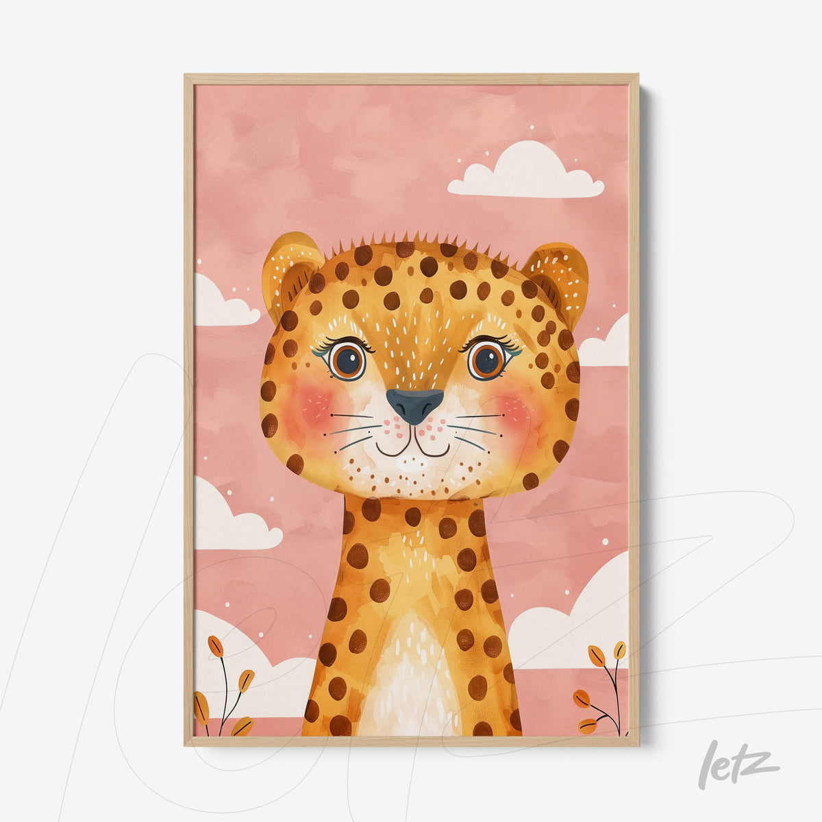 quadro com ilustração de leopardo estilizado em fundo rosa e moldura clara