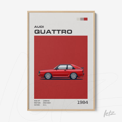 quadro emoldurado com ilustração do carro Audi Quattro de 1984 sobre fundo vermelho