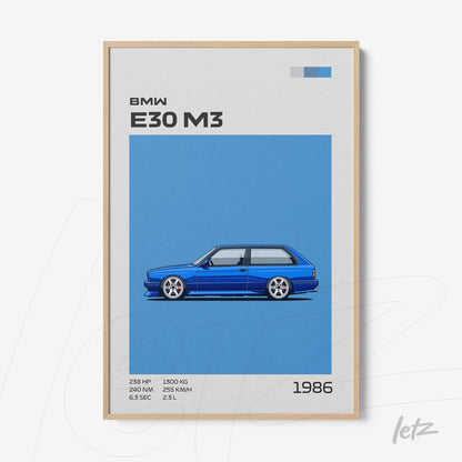 quadro com arte minimalista do carro BMW E30 M3 em fundo azul, com moldura clara