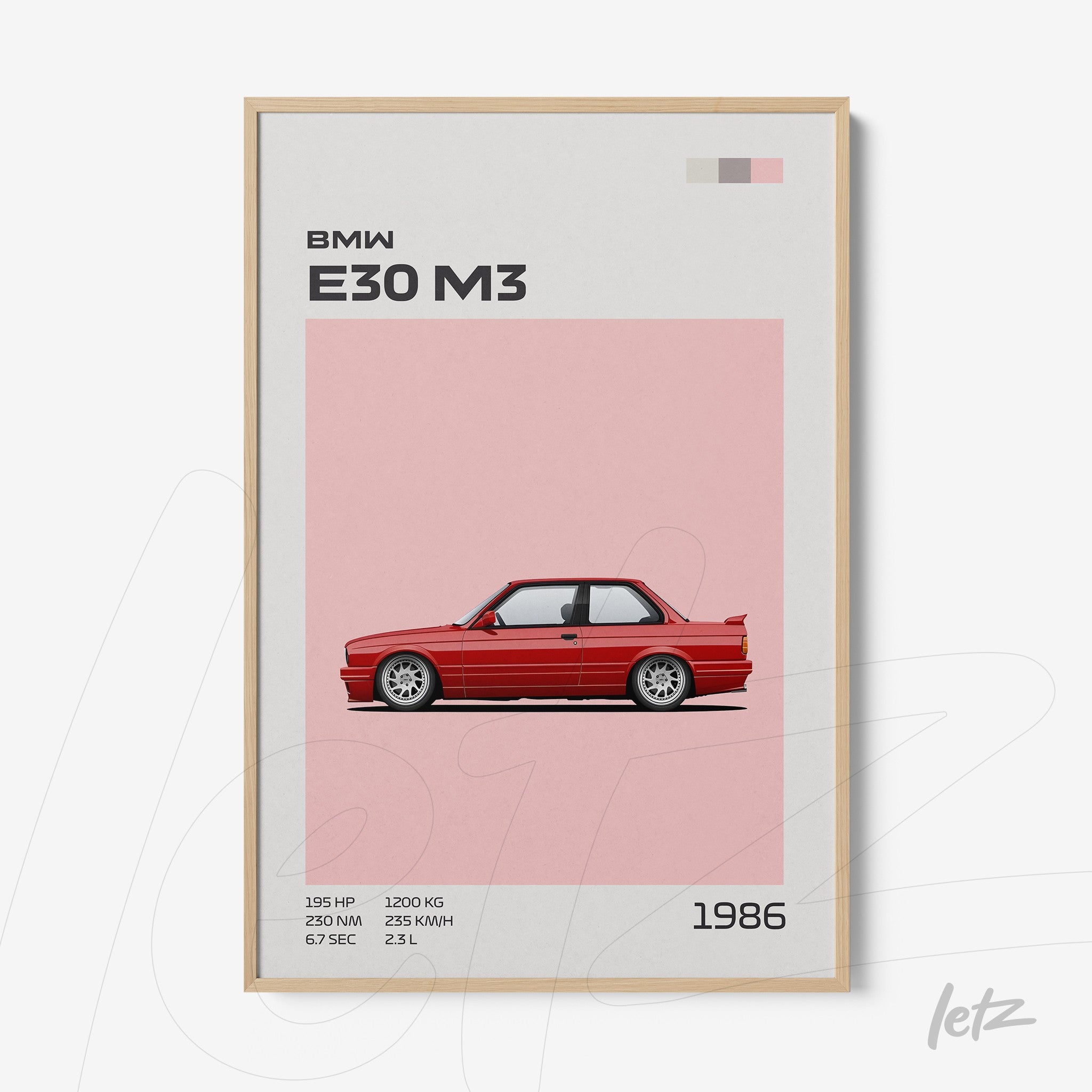 quadro com ilustração minimalista do carro BMW E30 M3 em moldura de madeira clara