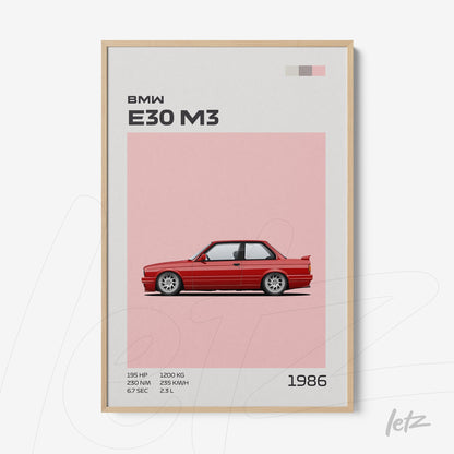 quadro com ilustração minimalista do carro BMW E30 M3 em moldura de madeira clara