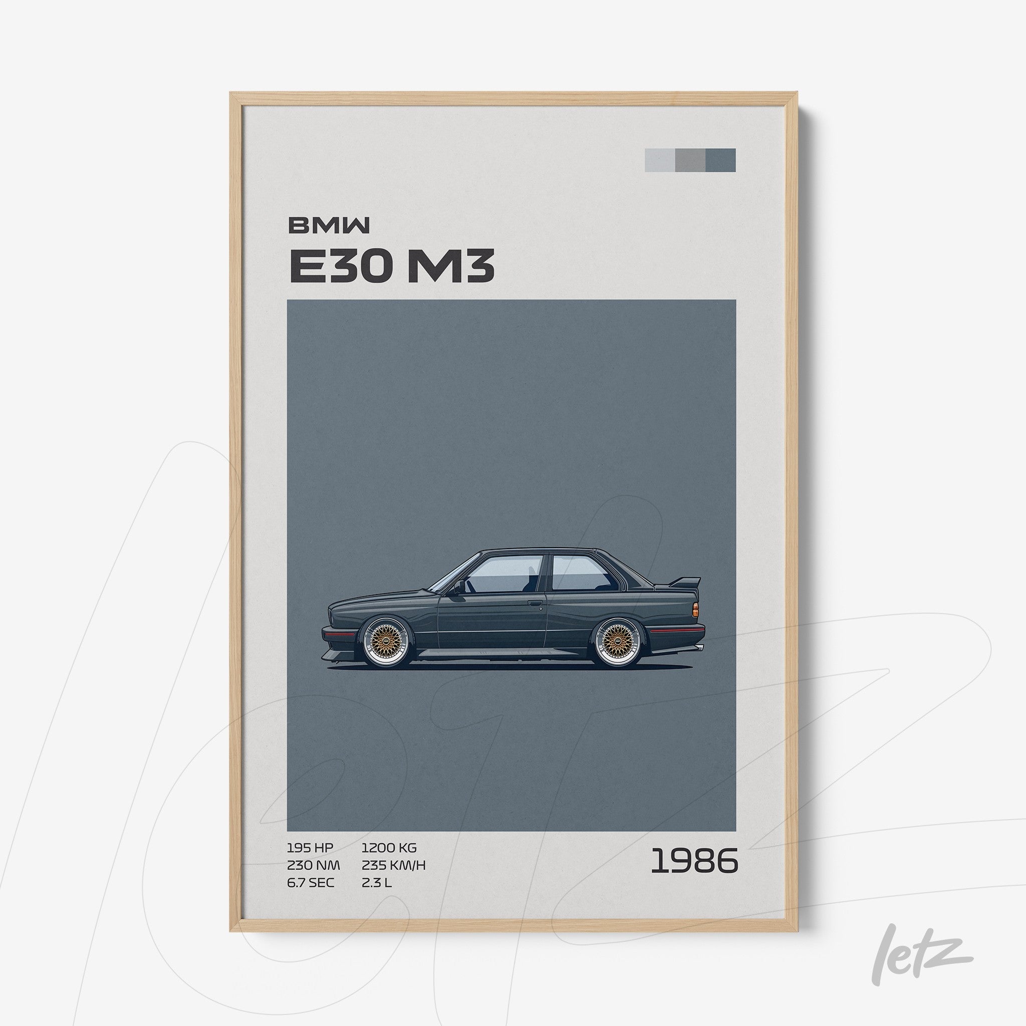 quadro com arte digital do carro BMW E30 M3 de 1986 em moldura clara