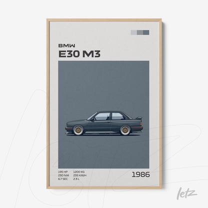 quadro com arte digital do carro BMW E30 M3 de 1986 em moldura clara