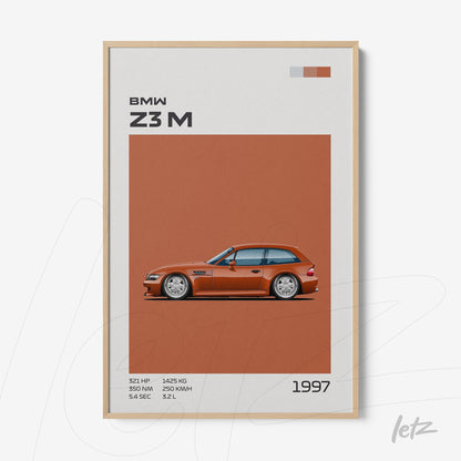 quadro com ilustração do carro BMW Z3 M de 1997 emoldurado com moldura de madeira clara