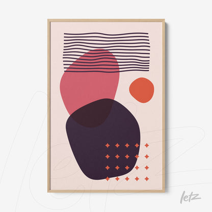 quadro abstrato exibindo formas geométricas coloridas em moldura de madeira clara