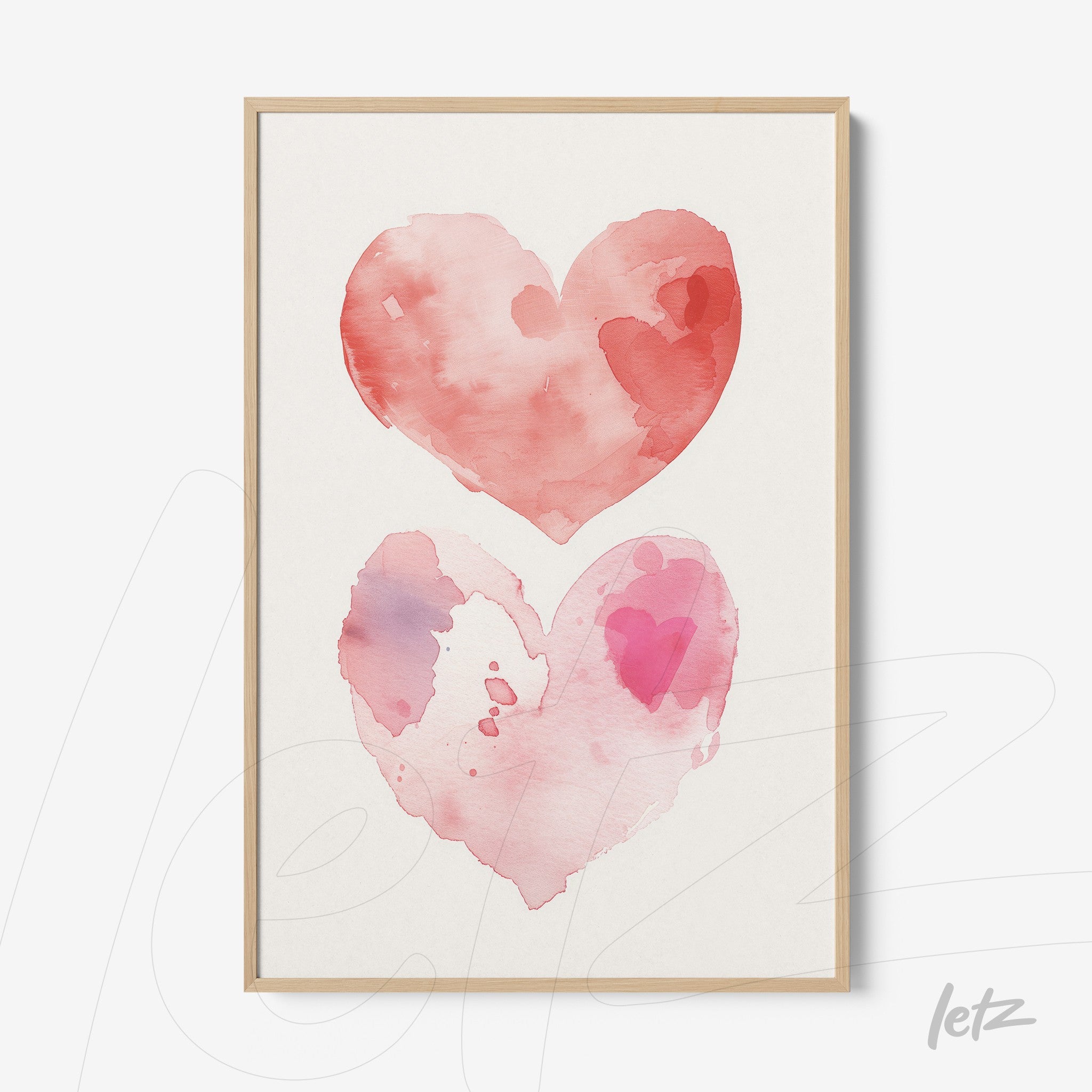 quadro com aquarela de corações em tons de rosa em moldura clara