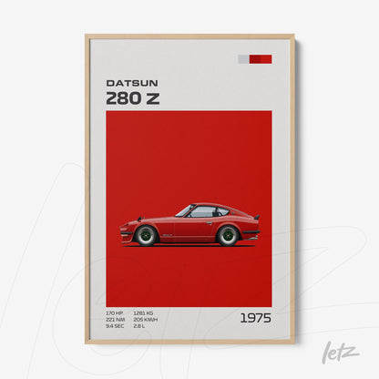 quadro com arte digital do carro Datsun 280 Z em fundo vermelho com moldura de madeira clara