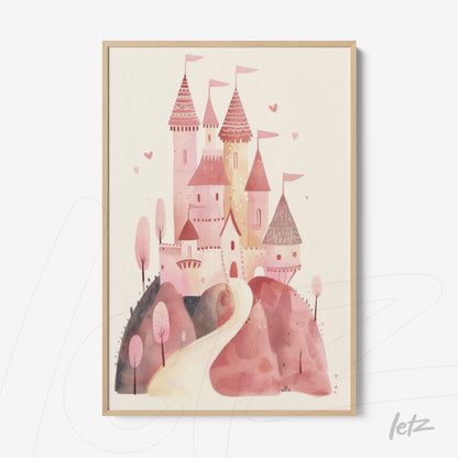 quadro com ilustração de castelo rosa em um cenário de sonho com árvores e corações, moldura clara