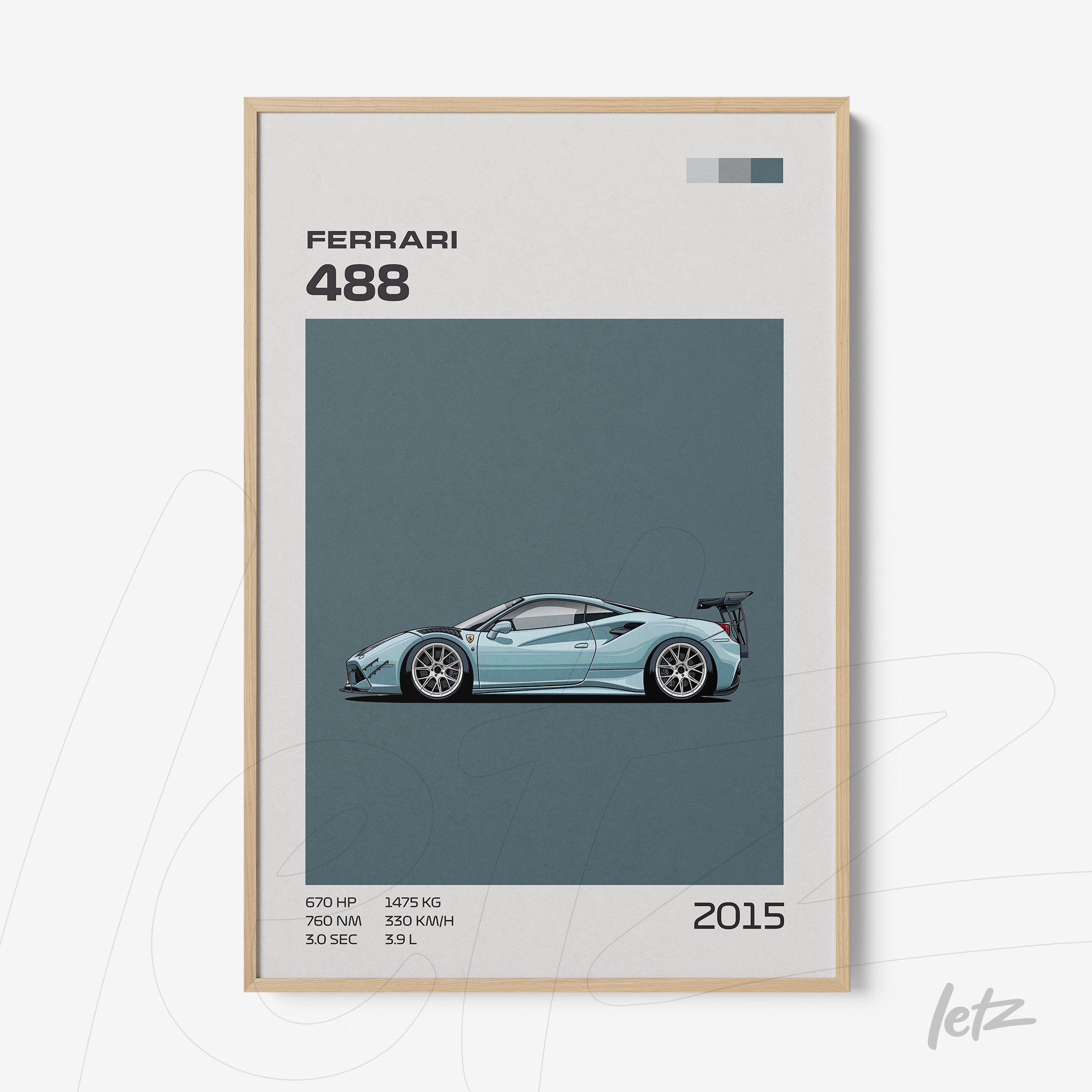 quadro com ilustração estilizada do carro Ferrari 488 em fundo cinza, moldura clara com detalhes em azul