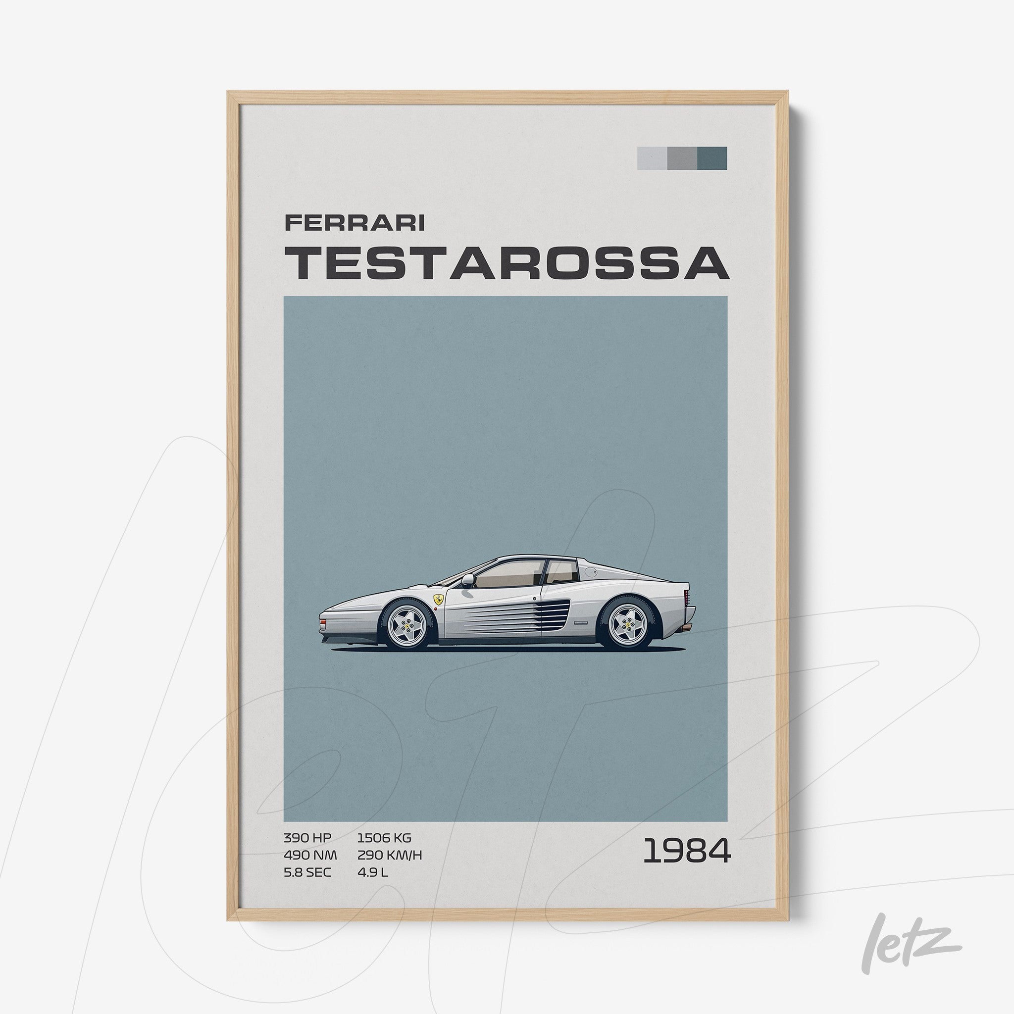 quadro com ilustração estilizada da Ferrari Testarossa em moldura de madeira clara com fundo azul