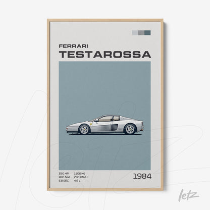 quadro com ilustração estilizada da Ferrari Testarossa em moldura de madeira clara com fundo azul