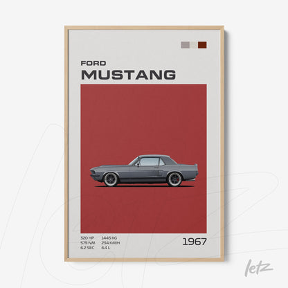 quadro com arte digital do carro Ford Mustang 1967 em moldura de madeira clara com fundo vermelho