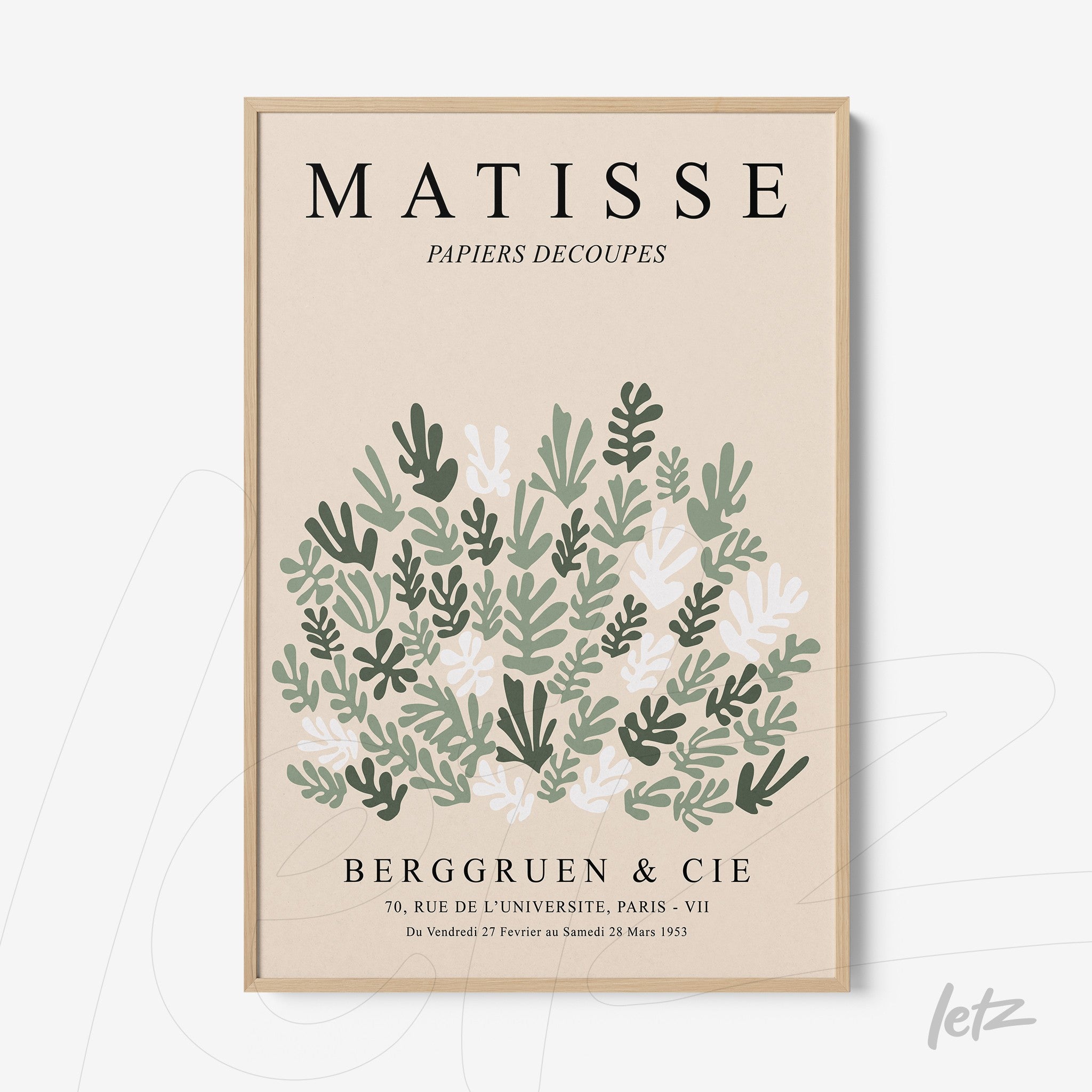 quadro com arte decorativa inspirada em Matisse, apresentando folhagens em tons verdes e finas letras pretas em moldura clara