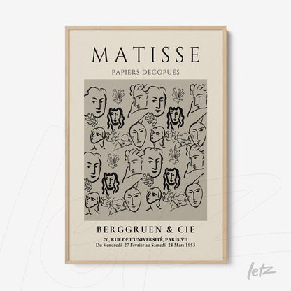 quadro com arte em estilo moderno de rostos e folhas em fundo cinza, com moldura clara