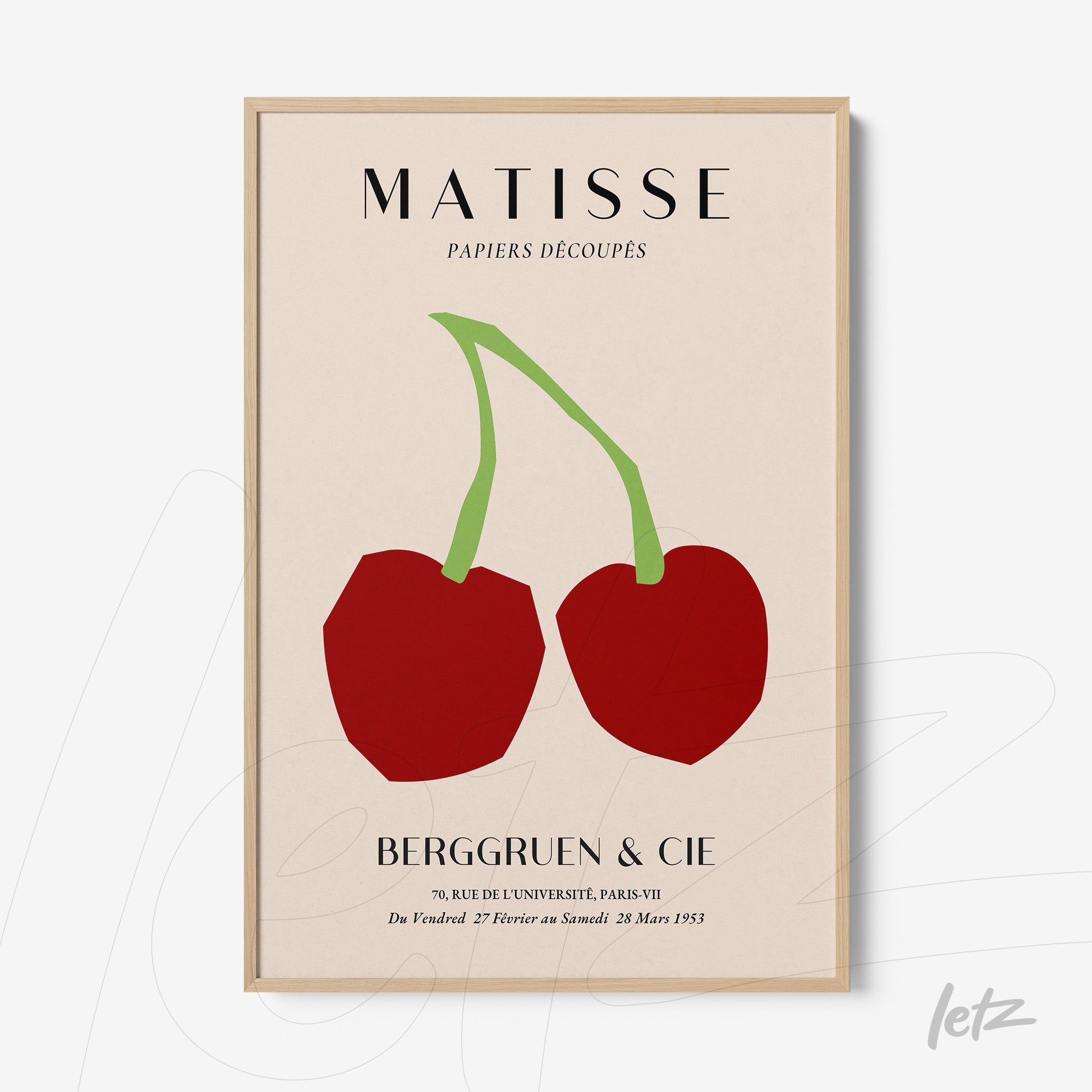 quadro com ilustração moderna de duas cerejas vermelhas com fundo claro em moldura de madeira clara