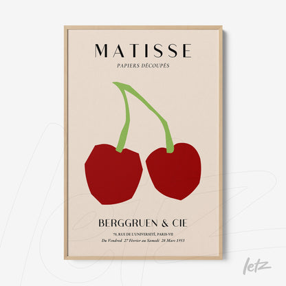 quadro com ilustração moderna de duas cerejas vermelhas com fundo claro em moldura de madeira clara