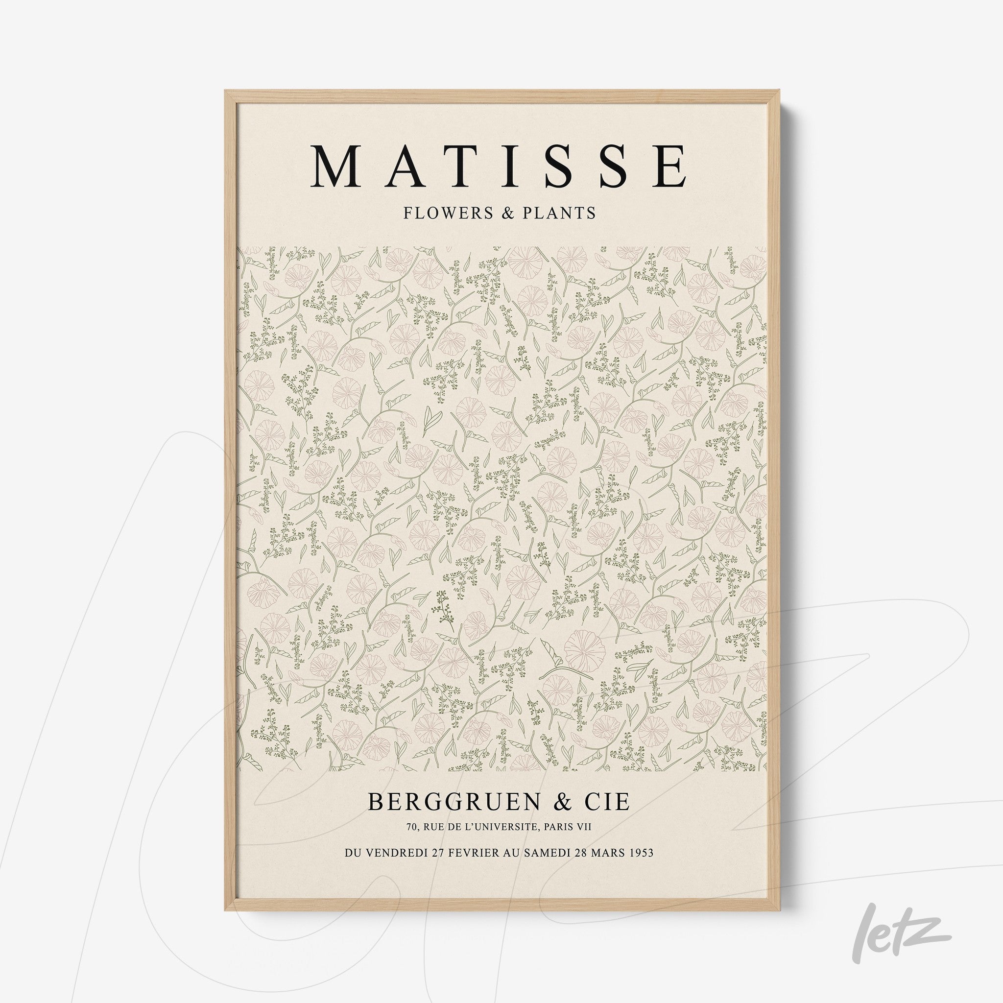 quadro com ilustração de flores e plantas em fundo claro, texto em letras grandes e moldura de madeira clara