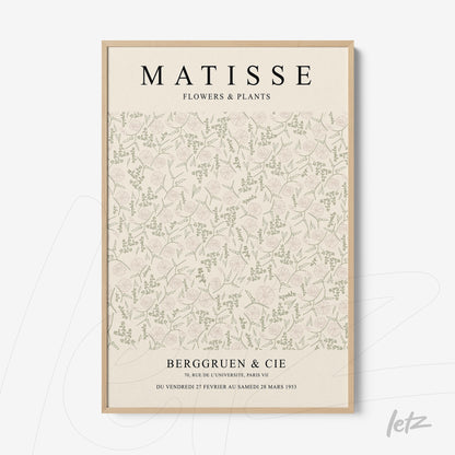 quadro com ilustração de flores e plantas em fundo claro, texto em letras grandes e moldura de madeira clara