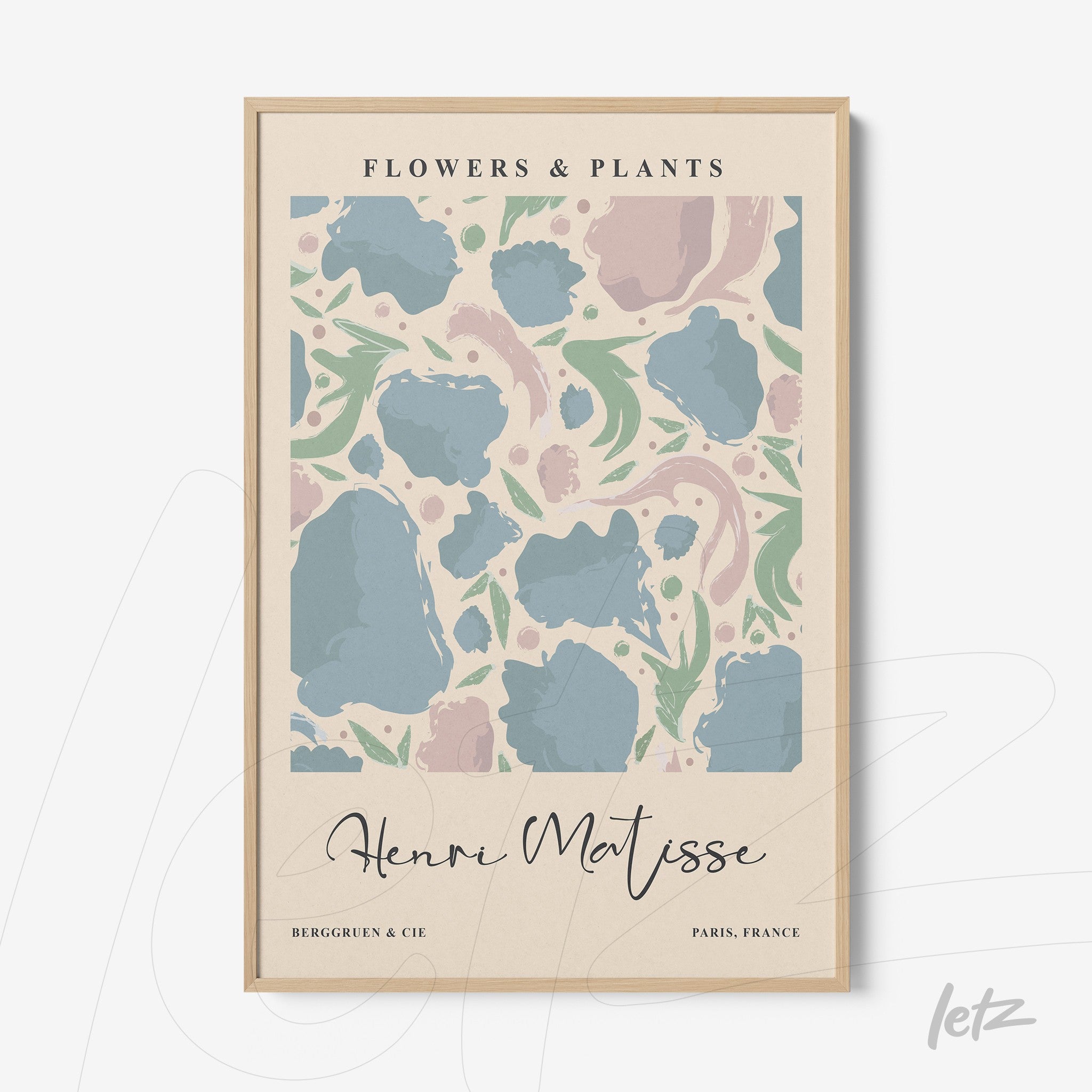 quadro com design moderno em tons pastel, apresentando flores e folhas em um fundo claro com moldura de madeira clara