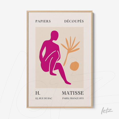 quadro com arte moderna de figura humana sentada em cores vibrantes, moldura de madeira clara