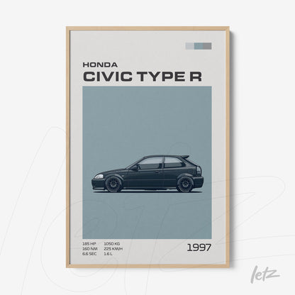 quadro com arte minimalista do carro Honda Civic Type R de 1997, em moldura de madeira clara com fundo cinza