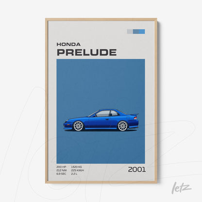 quadro com ilustração do carro Honda Prelude 2001 em fundo azul e moldura de madeira clara