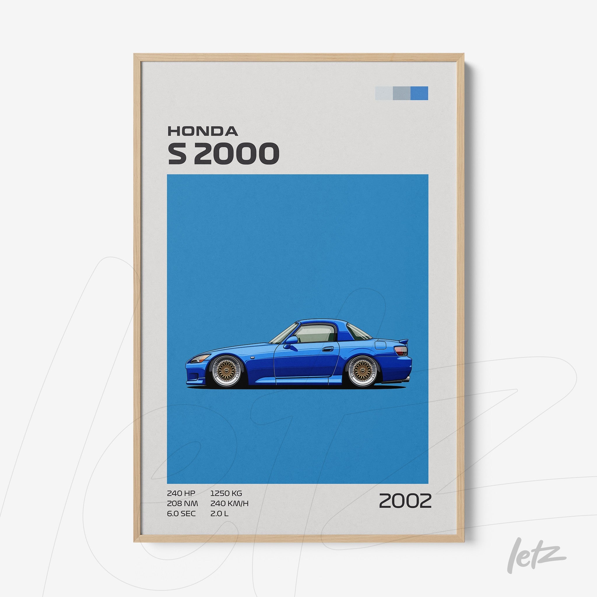quadro com ilustração do carro Honda S2000 em fundo azul e moldura de madeira clara